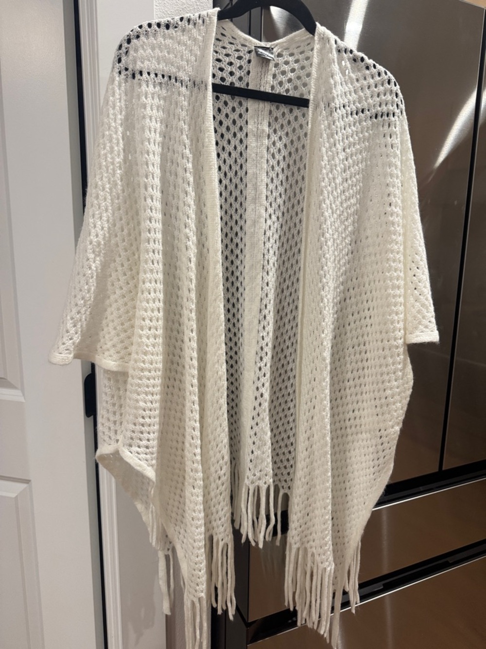 Open-Front Fringe Knit Poncho - Cream